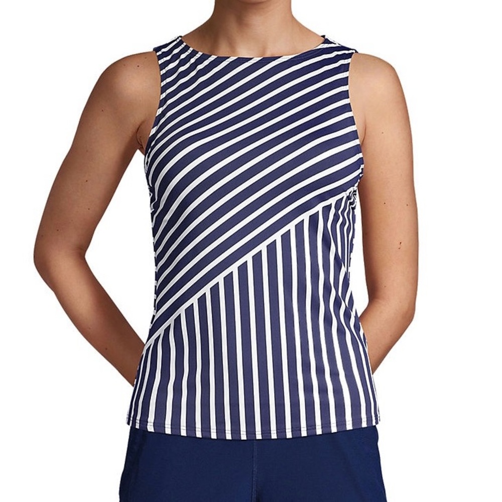 LAND'S END Navy/WHT Stripe High Neck Modest/Full Coverage Tankini Swim Top 16DD - Picture 1 of 15